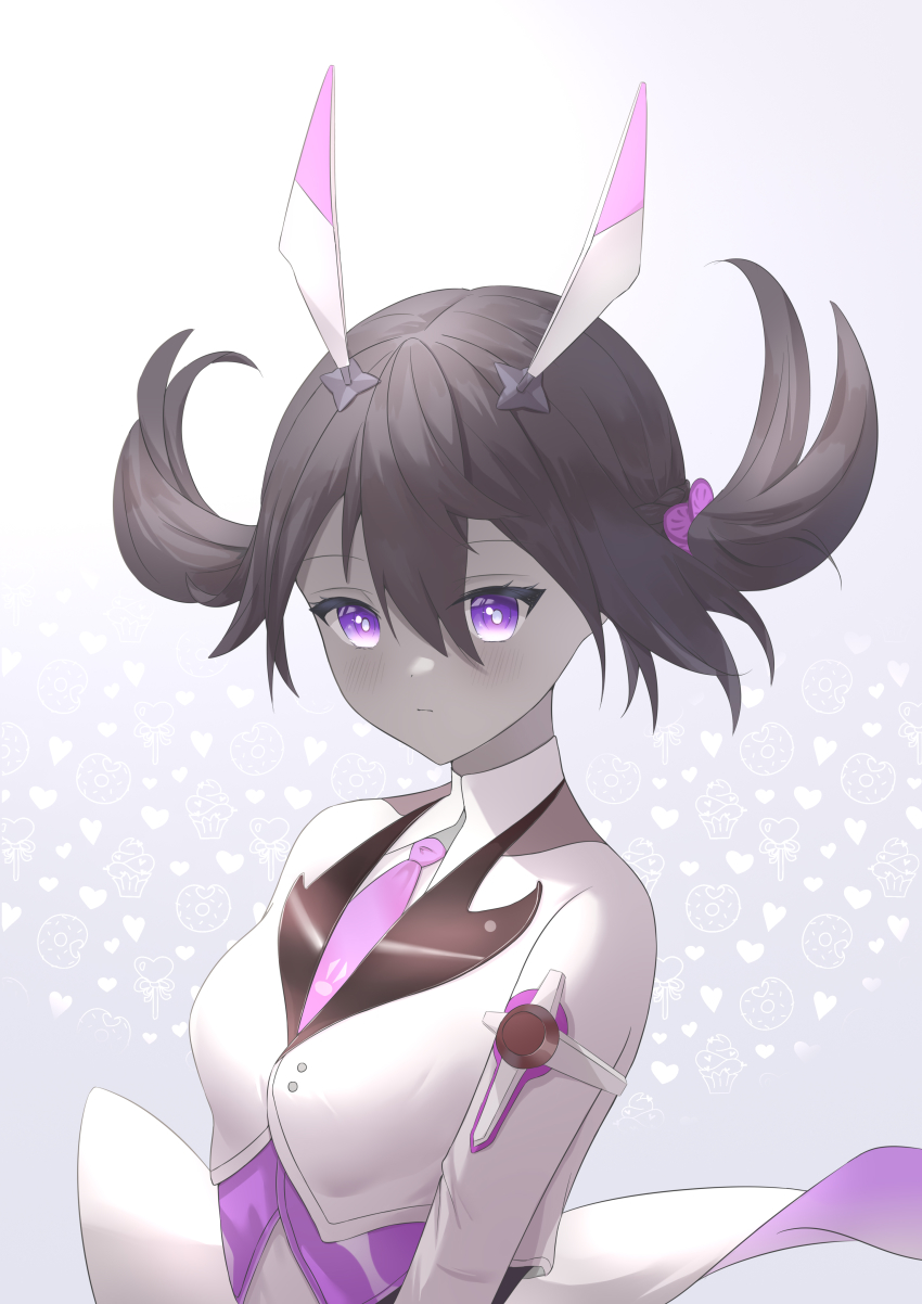 1girl absurdres breasts bright_pupils brown_hair dark-skinned_female dark_skin gradient_background hair_between_eyes headgear highres jacket long_hair long_sleeves looking_at_viewer necktie no_eyepatch purple_eyes purple_necktie simple_background small_breasts solo tower_of_fantasy twintails umi_(tower_of_fantasy) upper_body white_jacket white_pupils xiatian