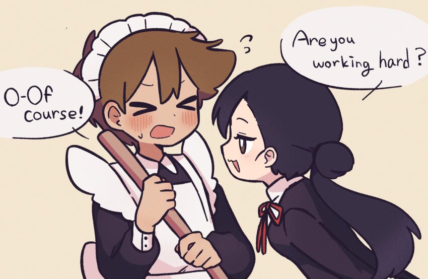&gt;_&lt; 1boy 1girl :3 alternate_costume black_eyes black_hair blush bright_pupils brown_background brown_hair butler dark-skinned_male dark_skin english_text enmaided female_butler flying_sweatdrops hero_(faraway)_(omori) hero_(omori) highres long_hair long_sleeves looking_at_another maid mari_(faraway)_(omori) mari_(omori) mewowem_omo omori open_mouth short_hair simple_background smile smug speech_bubble sweatdrop white_pupils