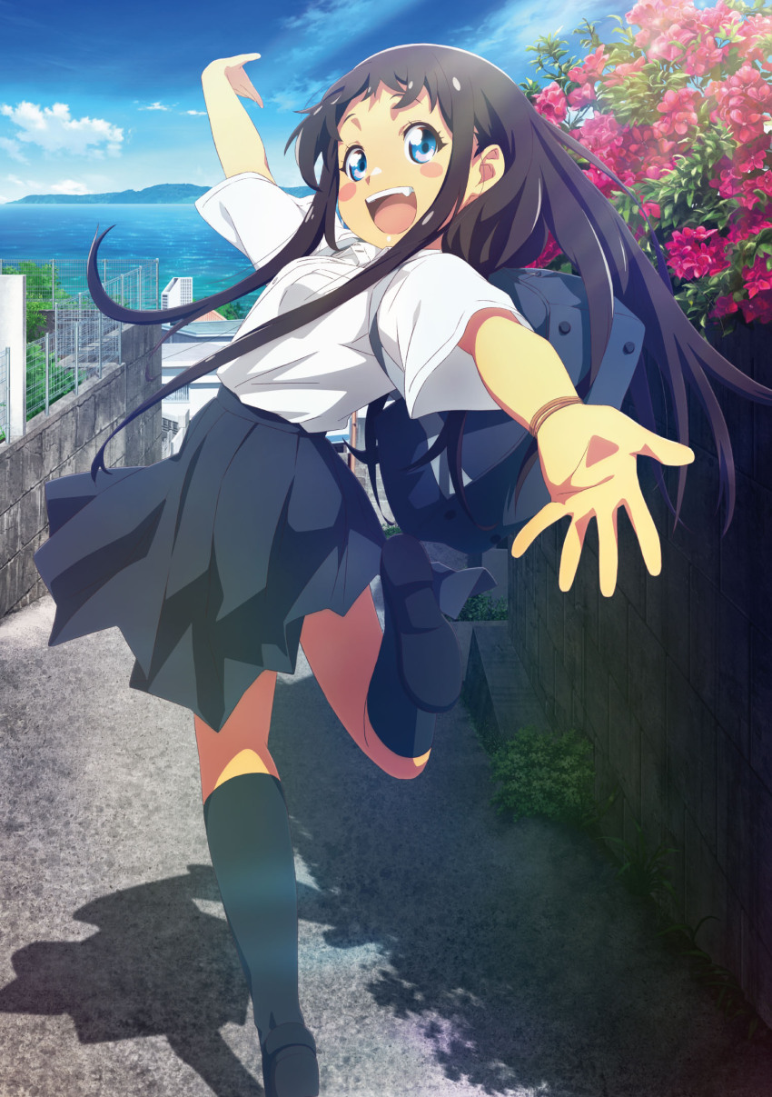 1girl arm_up bag black_hair black_skirt blue_eyes blue_sky blush_stickers bracelet breasts cloud dark-skinned_female dark_skin day dress_shirt fang flower full_body highres jewelry kyan_hina looking_at_viewer non-web_source ocean official_art okinawa_de_suki_ni_natta_ko_ga_hougen_sugite_tsurasugiru open_mouth outdoors outstretched_arms red_flower running school_bag school_uniform shirt skirt sky small_breasts smile standing stone_wall teeth upper_teeth_only white_shirt