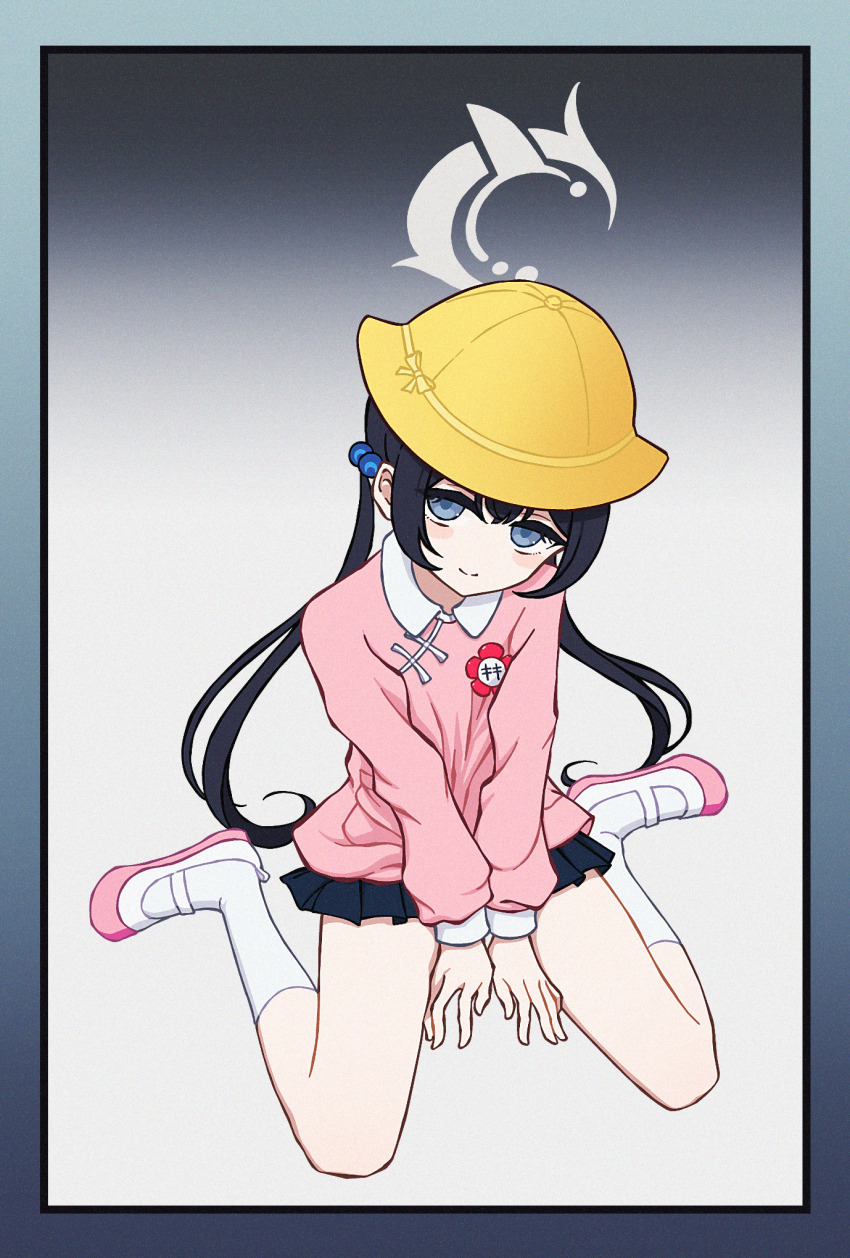 1girl arms_between_legs beads black_hair black_skirt blue_archive blue_border blue_eyes blush border closed_mouth full_body gradient_border hair_beads hair_ornament halo hat head_tilt highres inset_border kindergarten_uniform kisaki_(blue_archive) kisaki_(kindergarten_uniform)_(blue_archive) kneehighs long_hair long_sleeves looking_at_viewer low_twintails microskirt name_tag nkymyura pink_shirt pink_shoes pleated_skirt school_hat shirt shoes sidelocks sitting skirt smile smock socks solo twintails uwabaki wariza white_socks yellow_hat