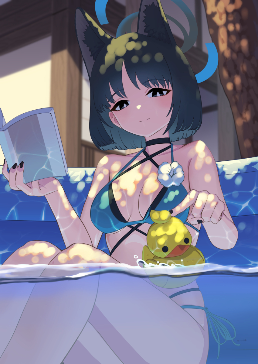 1girl animal_ears bikini black_eyes black_hair black_nails blue_archive blue_bikini blue_halo book breasts cat_ears flower halo highres holding holding_book kikyou_(blue_archive) kikyou_(swimsuit)_(blue_archive) layered_bikini looking_at_viewer medium_breasts multi-strapped_bikini_bottom nail_polish official_alternate_costume outdoors partially_submerged rubber_duck short_hair shrimp1634 solo swimsuit