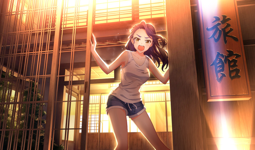 1girl blue_shorts cinderella_series collarbone ear_piercing feet_out_of_frame flying_sweatdrops game_cg hachigatsu_no_cinderella_nine hair_down highres izumida_kyouka long_hair non-web_source official_alternate_hairstyle official_art open_mouth orange_eyes outdoors piercing purple_hair ryokan shirt shorts shy sleeveless sleeveless_shirt sliding_doors solo standing tank_top white_shirt