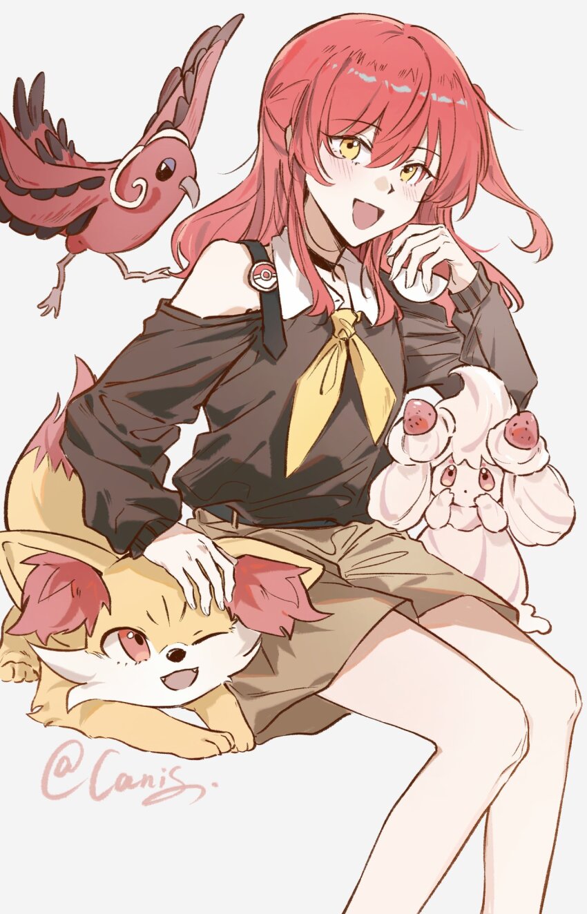 1girl 3others alcremie alcremie_(vanilla_cream) bare_legs belt black_belt black_choker black_shirt blush bocchi_the_rock! brown_shorts canis428 choker fennekin flat_chest gen_6_pokemon gen_7_pokemon gen_8_pokemon highres holding holding_poke_ball kita_ikuyo long_sleeves looking_at_viewer medium_hair multiple_others neckerchief nintendo off-shoulder_shirt off_shoulder open_mouth oricorio oricorio_(baile) petting poke_ball poke_ball_print pokemon red_hair shirt shorts signature sitting smile white_background yellow_eyes yellow_neckerchief
