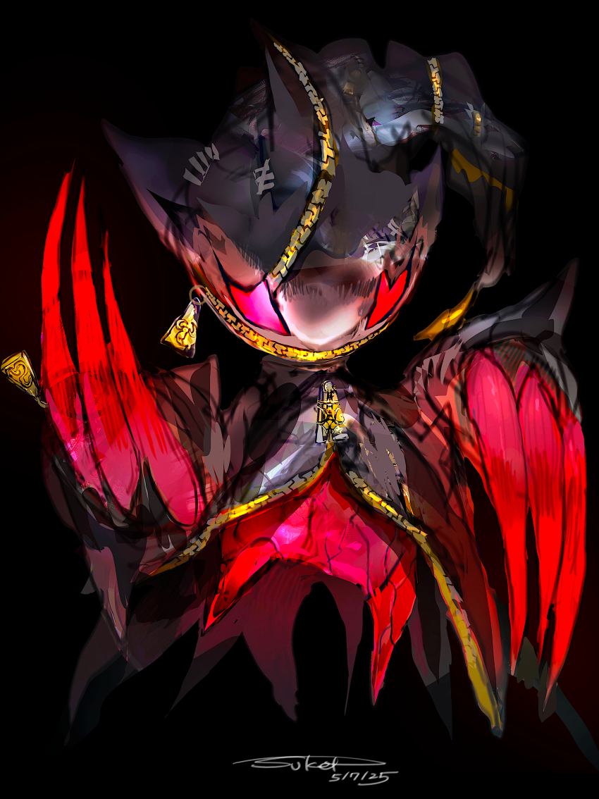 absurdres artist_name banette closed_mouth colored_sclera evil_grin evil_smile full_body gen_3_pokemon grin highres huge_claws mega_banette mega_pokemon monster nintendo no_humans other_focus pokemon pokemon_(creature) red_claws red_sclera smile solo sukepmonster zipper_pull_tab