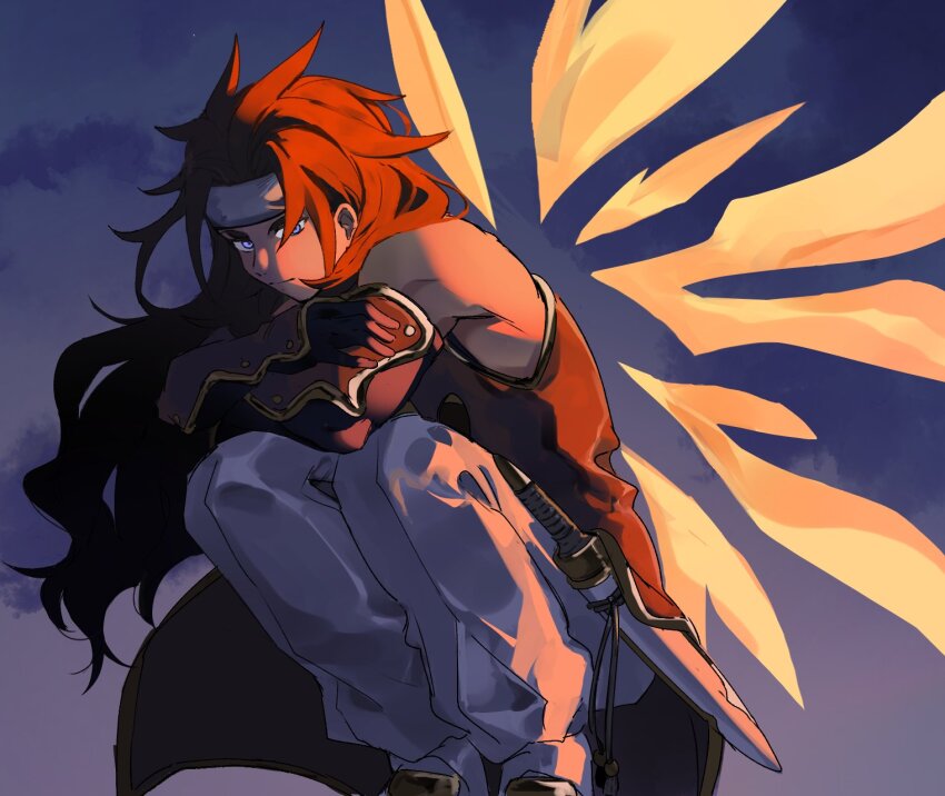 1boy aemono_(lemolemo_lmn) blue_eyes closed_mouth crossed_arms gloves headband highres long_hair male_focus pants red_hair scabbard sheath squatting sword tales_of_(series) tales_of_symphonia vest weapon white_headband white_pants wings zelos_wilder