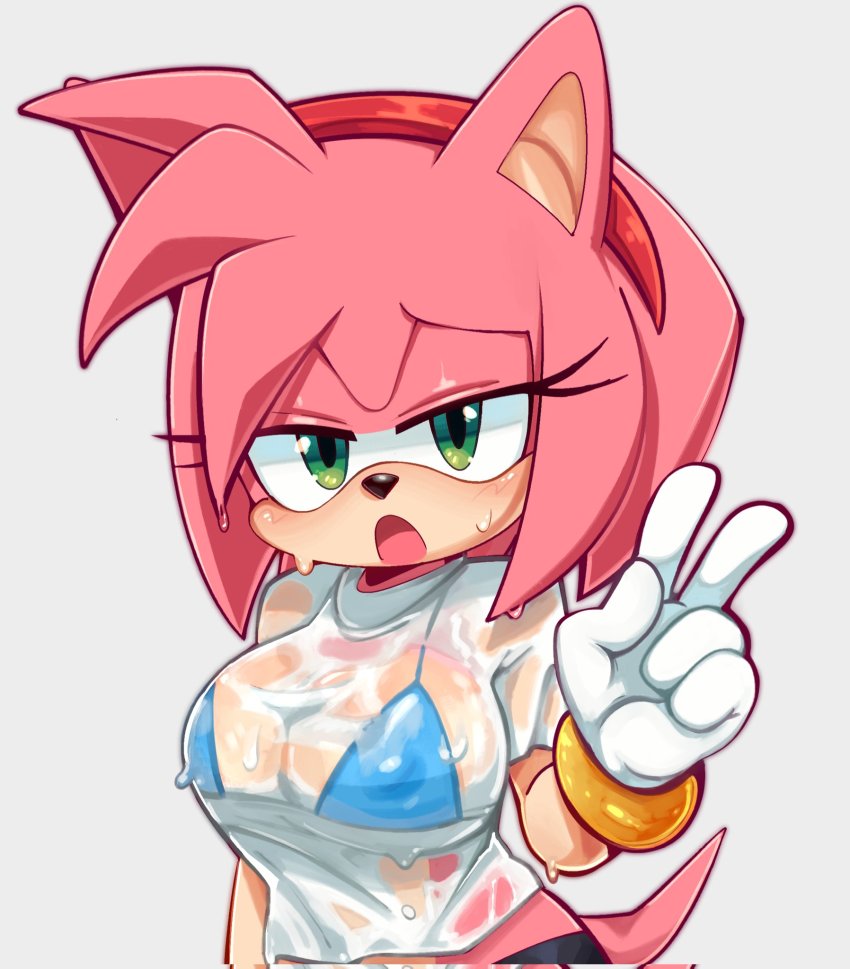 1girl amy_rose animal_ears animal_nose bikini bikini_top_only blush bracelet breasts covered_erect_nipples dress furry furry_female gloves gold_bracelet green_eyes hairband highres ichig8miruku large_breasts open_mouth pink_fur pink_hair red_hairband see-through_clothes shirt short_hair smile solo sonic_(series) swimsuit undefined wet wet_clothes wet_shirt white_gloves