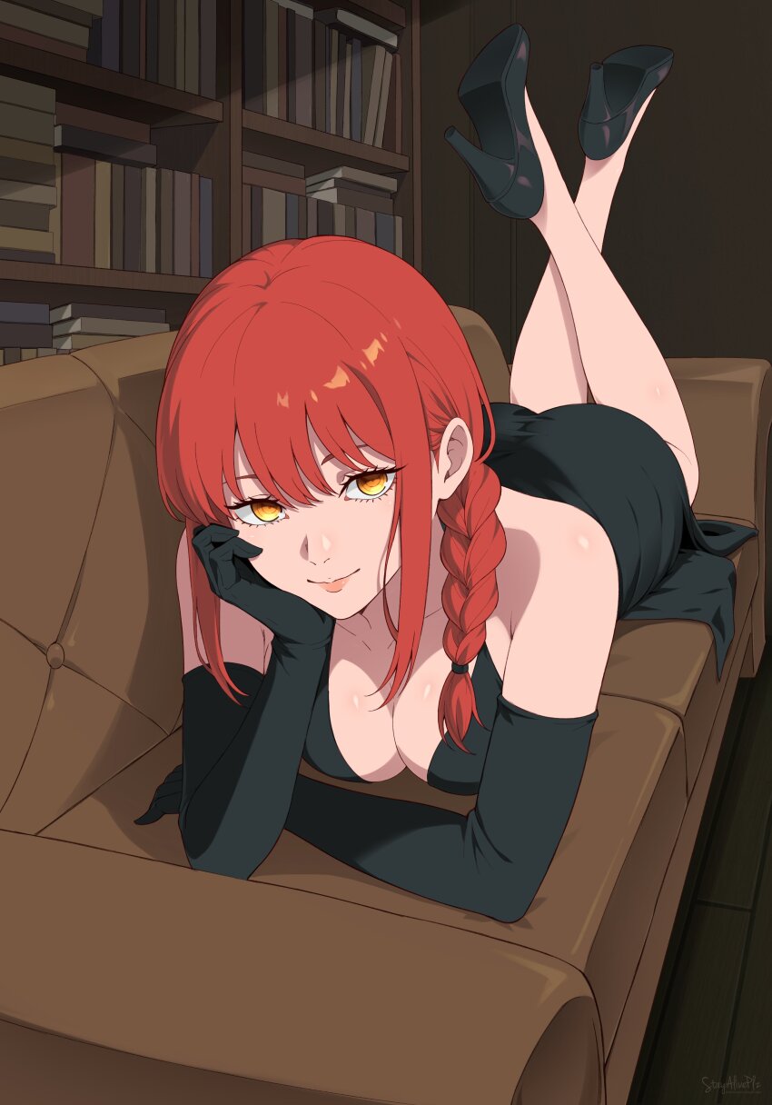 1girl absurdres black_dress black_gloves bookshelf braid breasts chainsaw_man closed_mouth couch dress elbow_gloves feet_up gloves high_heels highres looking_at_viewer lying makima_(chainsaw_man) medium_breasts on_couch on_stomach red_hair sidelocks solo stayaliveplz the_pose yellow_eyes