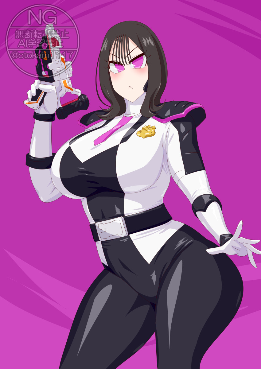1girl bodysuit brown_hair holding_blaster ichikawa_sumino kaitou_sentai_lupinranger_vs._keisatsu_sentai_patranger no.1_sentai_gozyuger no_headwear otokamu pink_eyes solo super_sentai weapon