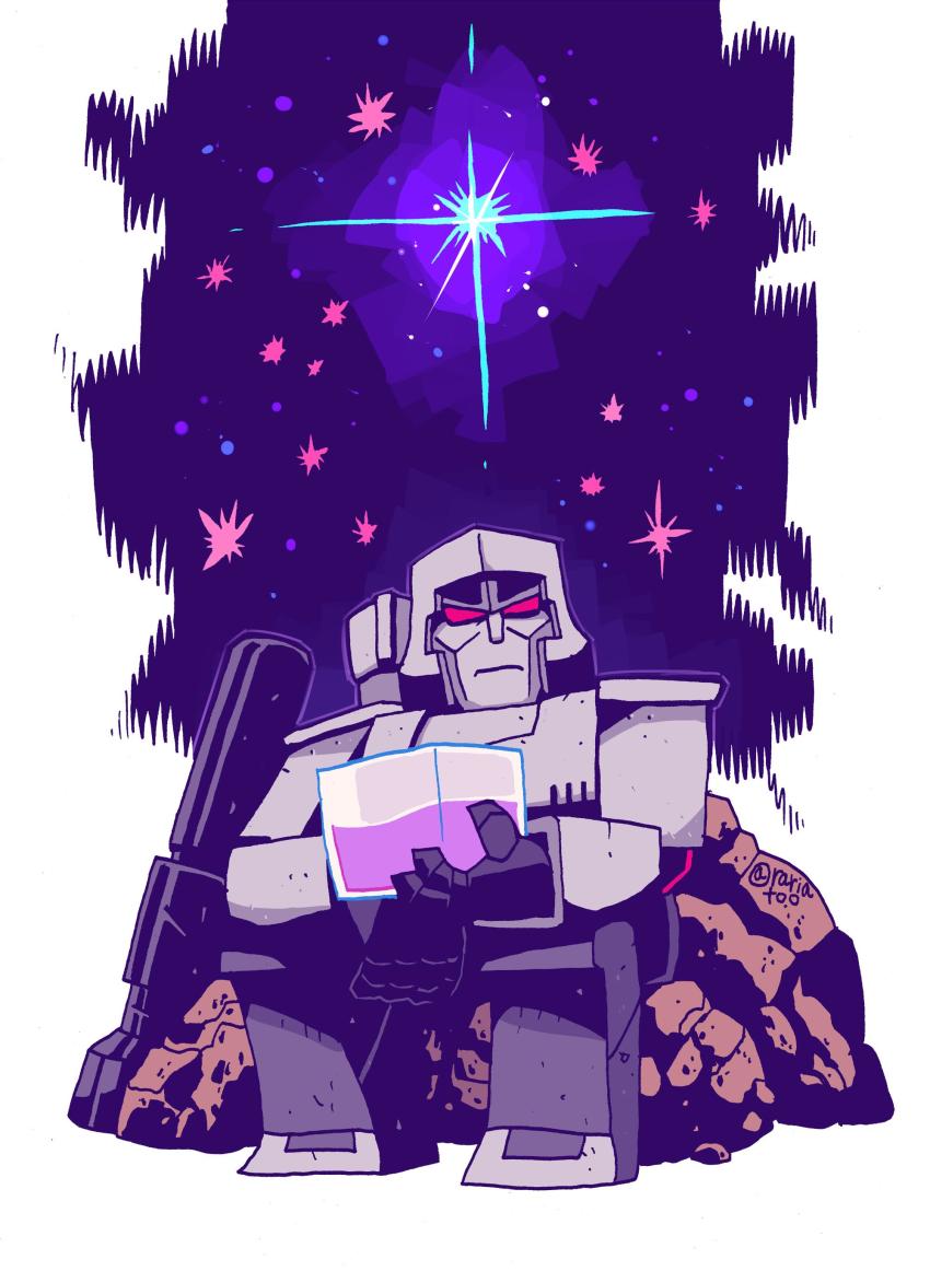 1980s_(style) 1boy absurdres arm_cannon cannon chibi decepticon energon energon_cube expressionless gun highres male_focus mecha megatron muzzle night night_sky oldschool p38 rariatto_(ganguri) red_eyes retro_artstyle robot rock serious sitting sky star_(sky) transformers weapon