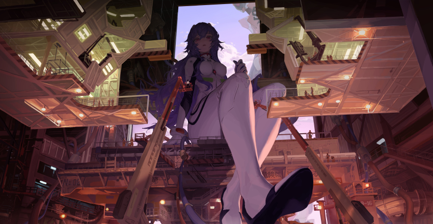 1girl 6+boys absurdres alternate_hair_length alternate_hairstyle atomicxx ayanami_rei black_hair bodysuit breasts crane_(machine) crossed_legs evangelion:_3.0+1.0_thrice_upon_a_time giant giantess highres ikari_shinji long_hair looking_at_another machinery mecha_pilot_suit medium_breasts messy_hair multiple_boys neon_genesis_evangelion open_roof_top plugsuit_(evangelion) rebuild_of_evangelion red_eyes shirt short_hair size_difference sky thighs very_long_hair white_bodysuit white_shirt