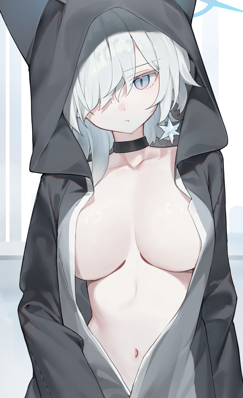 1girl absurdres black_jacket blue_halo breasts cleavage commission earrings halo highres hood hooded_jacket huu_(dighapdlxm12) jacket jewelry looking_at_viewer medium_breasts original pixiv_commission snowflake_earrings