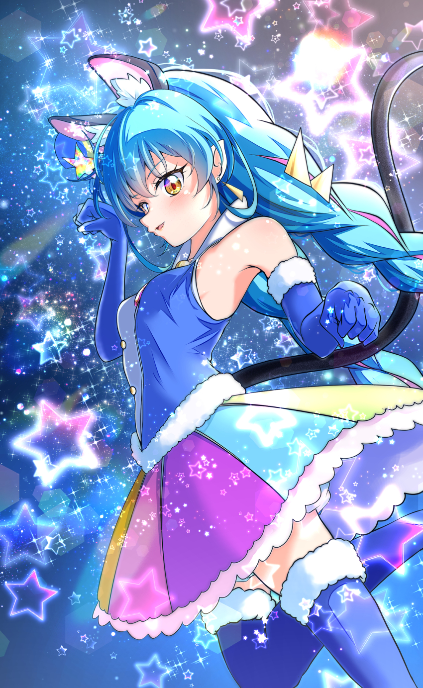 1girl animal_ears blue_gloves blue_hair blue_hat blue_shirt blue_thighhighs blush braid brooch cat_ears cat_girl cat_tail cure_cosmo earrings elbow_gloves fur-trimmed_gloves fur-trimmed_shirt fur-trimmed_thighhighs fur_trim gloves hat jewelry kakikakilemon long_hair magical_girl mini_hat mini_top_hat multicolored_hair open_mouth precure rainbow_skirt shirt sleeveless sleeveless_shirt solo star_(symbol) star_twinkle_precure tail thighhighs top_hat twin_braids two-tone_hair yellow_eyes yuni_(precure)