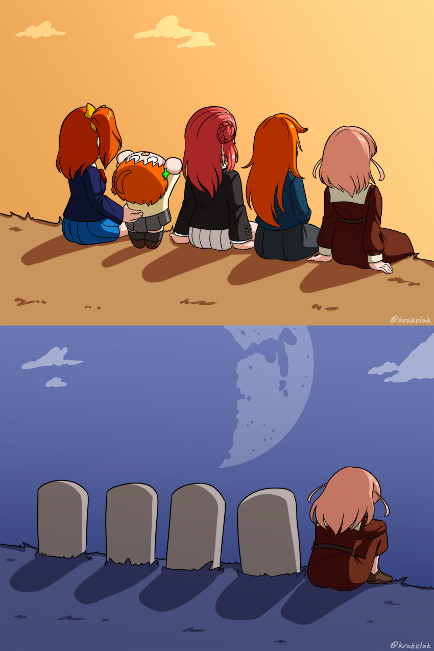 5girls absurdres artist_name blazer braid chibi commentary crossover english_commentary from_behind hair_bun hasu_no_sora_school_uniform highres hinoshita_kaho jacket kosaka_honoka krakelak link!_like!_love_live! love_live! love_live!_nijigasaki_high_school_idol_club love_live!_school_idol_festival love_live!_school_idol_festival_all_stars love_live!_school_idol_project love_live!_sunshine!! love_live!_superstar!! meme moon multiple_girls nesoberi nijigasaki_school_uniform one_side_up otonokizaka_school_uniform parody pink_hair puchiguru_love_live! regular_show school_uniform shadow shibuya_kanon single_braid sitting skips_sitting_next_to_graves_(meme) skirt takami_chika tombstone trait_connection twitter_username uehara_ayumu uranohoshi_school_uniform yuigaoka_school_uniform