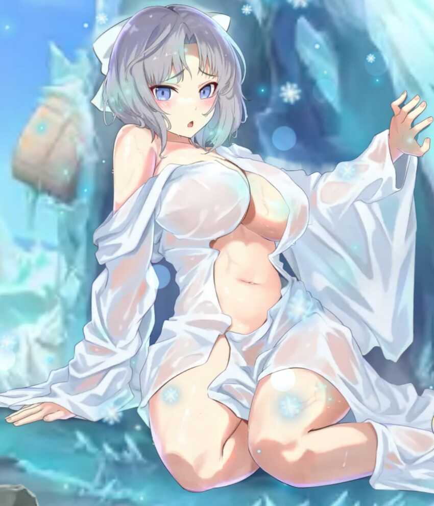 1girl :o arm_support bare_shoulders blue_eyes blush bow breasts cleavage collarbone grey_hair hair_bow highres ice ice_crystal japanese_clothes kimono large_breasts lens_flare light_particles looking_at_viewer navel official_alternate_costume official_art open_mouth parted_bangs queen&#039;s_blade queen&#039;s_blade_limit_break see-through_clothes senran_kagura senran_kagura_shinovi_versus shiny_skin short_hair sitting snowflakes snowing solo wet wet_clothes white_bow white_kimono yokozuwari yumi_(senran_kagura)