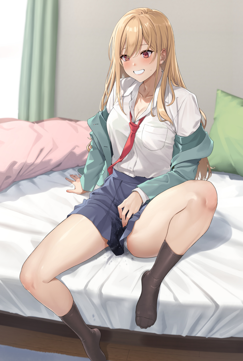 1girl absurdres blonde_hair blush breasts cleavage collarbone feet female_masturbation fingering grin highres knee_up large_breasts legs long_hair long_sleeves masturbation no_shoes off_shoulder original prime_(prime_tw) pussy_juice pussy_juice_stain red_eyes sitting skirt smile solo spread_legs toes