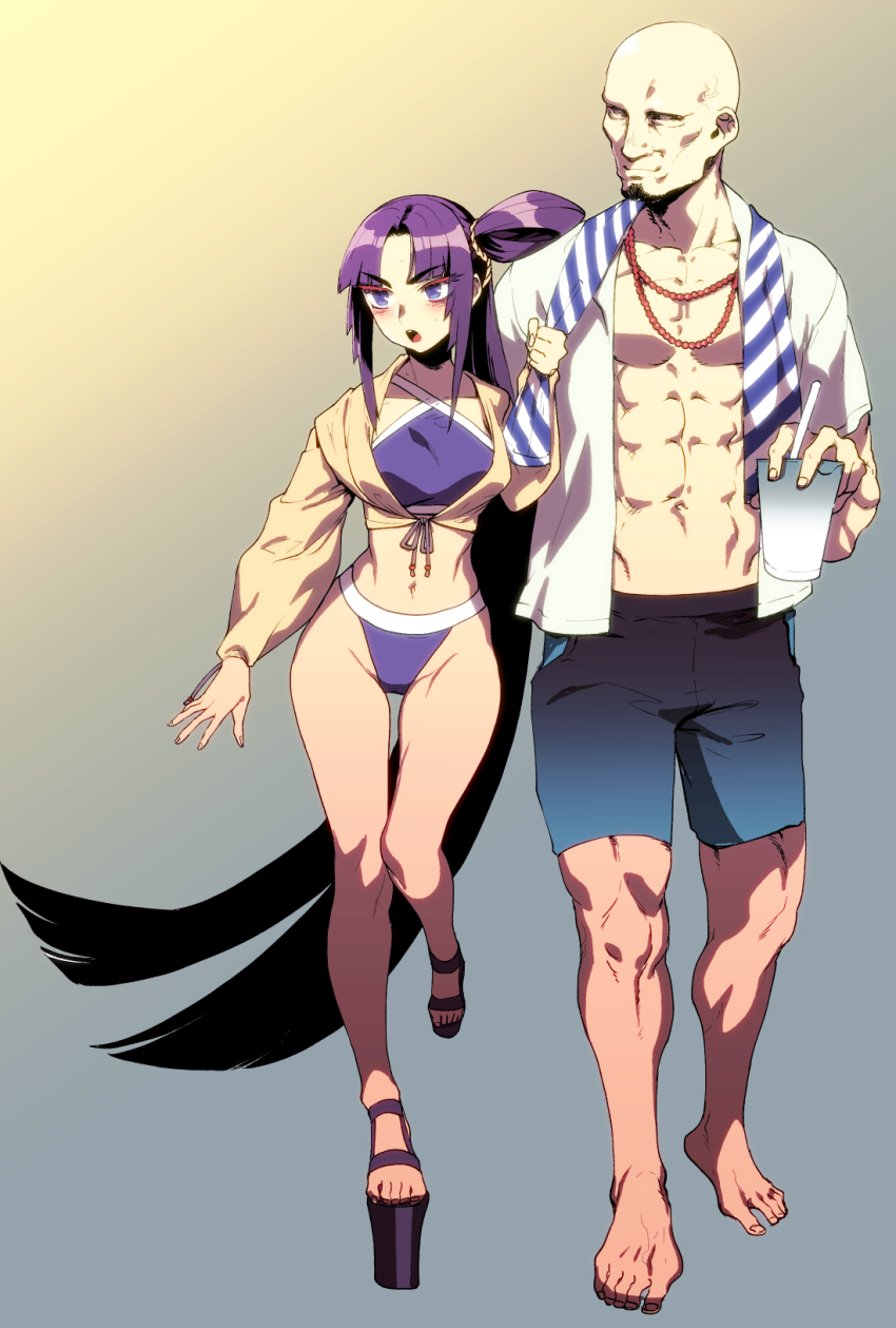 1boy 1girl abs absurdly_long_hair bad_id bad_pixiv_id bald barefoot bikini black_sclera blue_eyes blush breasts colored_sclera couple cup disposable_cup facial_hair fate/grand_order fate_(series) forehead front-tie_top geta goatee hair_bun height_difference hetero highres jewelry long_hair long_sleeves medium_breasts musashibou_benkei_(fate) muscular navel necklace open_clothes open_shirt pearl_necklace purple_bikini purple_eyes rokkotsu shorts side_bun side_ponytail single_side_bun single_strap swimsuit tengu-geta thigh_gap towel towel_around_neck ushiwakamaru_(fate) ushiwakamaru_(swimsuit_assassin)_(fate) ushiwakamaru_(swimsuit_assassin)_(first_ascension)_(fate) very_long_hair walking
