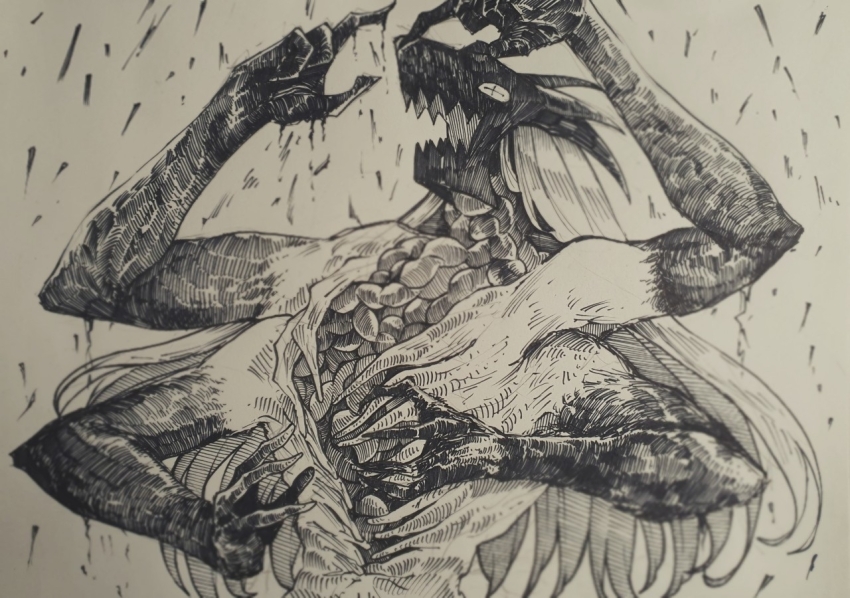1girl blood_devil_(chainsaw_man) chainsaw_man colored_extremities cross-shaped_pupils epeulu_(ate5424) extra_arms extra_horns intestines long_hair looking_to_the_side open_mouth organs power_(chainsaw_man) raining_blood sharp_teeth solo symbol-shaped_pupils teeth traditional_media