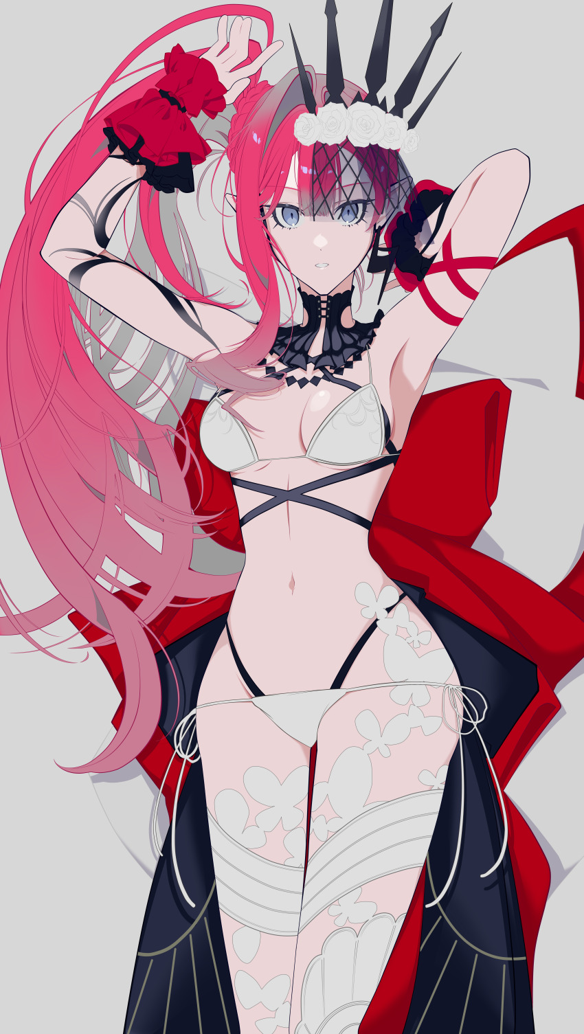 1girl absurdres arms_up baobhan_sith_(fate) baobhan_sith_(swimsuit_pretender)_(fate) baobhan_sith_(swimsuit_pretender)_(third_ascension)_(fate) bikini breasts deamlang detached_collar fate/grand_order fate_(series) grey_eyes highres long_hair looking_at_viewer navel pink_hair pointy_ears side_ponytail solo swimsuit tiara veil white_bikini wrist_cuffs