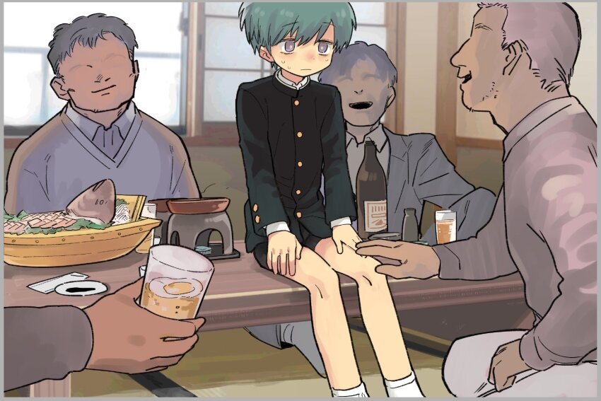 5boys age_difference alcohol aqua_hair beard_stubble bottle child facial_hair food gakuran glass implied_yaoi jacket male_focus midorivodka03 multiple_boys on_table onii-shota open_mouth original school_uniform shirt short_hair shorts sitting smile stubble sweat sweater table teeth upper_teeth_only