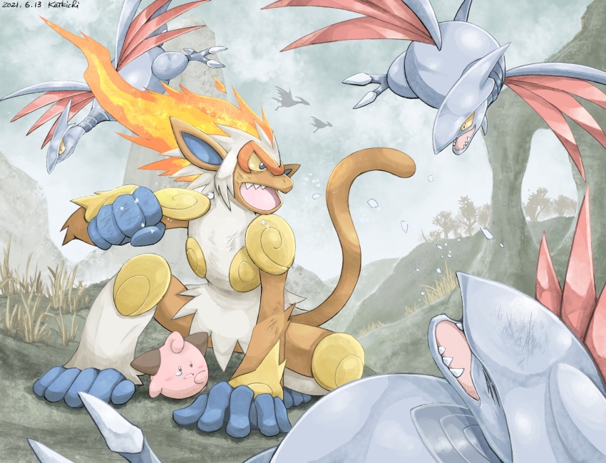 blue_eyes cleffa colored_sclera commentary_request dated day fire flying gen_2_pokemon gen_4_pokemon highres infernape katkichi looking_back nintendo open_mouth outdoors pokemon pokemon_(creature) protecting sharp_teeth signature skarmory squatting teeth tongue yellow_sclera