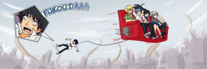 1girl 4boys a_certain_high_school_uniform accelerator_(toaru_majutsu_no_index) albino aogami_pierce artist_request black_hair blonde_hair blue_hair bound character_request couch diagonal-striped_shirt english_text flying kamijou_touma multiple_boys rocket school_uniform shirt short_hair smile spiked_hair tied_up_(nonsexual) toaru_majutsu_no_index tsuchimikado_motoharu white_hair