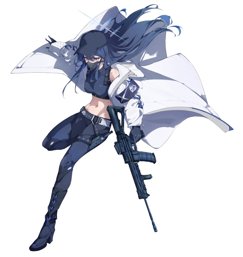 absurdres baseball_cap black_hat black_mask blue_archive blue_halo buckle chest_harness coat colored_inner_hair devid_(devis515333) halo harness hat highres knife_sheath mask mouth_mask multicolored_hair saori_(blue_archive) sheath shirt sig_516 sig_sauer sleeveless sleeveless_shirt snap-fit_buckle thigh_sheath white_coat