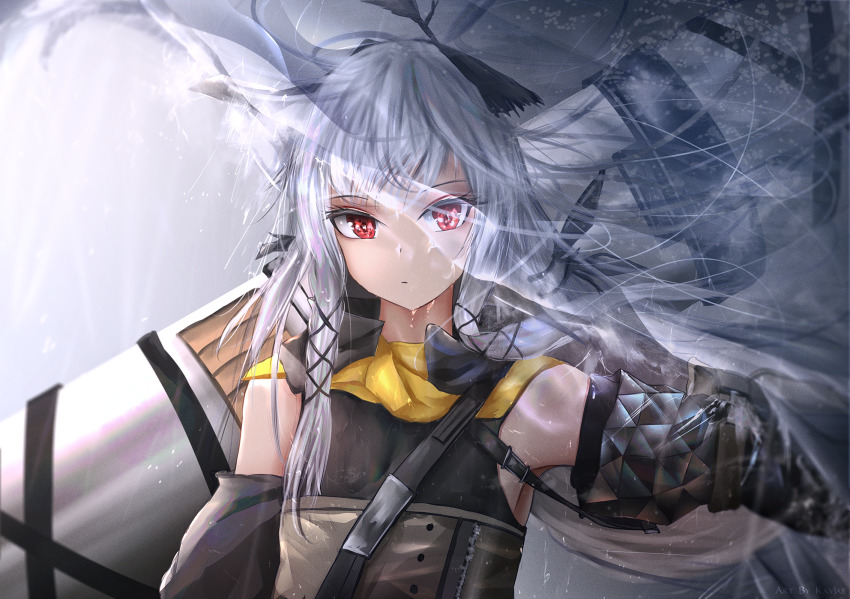 1girl arknights armpits bare_shoulders blurry cannon closed_mouth depth_of_field detached_sleeves dress expressionless female_focus flat_chest hair_ornament highres horns kayjae long_hair long_sleeves looking_at_viewer outstretched_arm red_eyes silver_hair solo strap upper_body water weedy_(arknights) wet