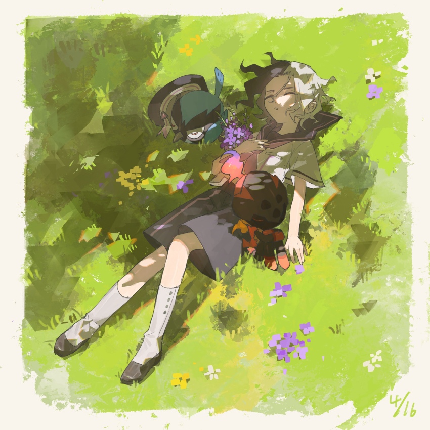 1boy absurdres aged_down amethio_(pokemon) border charcadet closed_eyes commentary_request day flower gen_8_pokemon grass hazel_maier highres lying male_focus neckerchief nintendo on_back outdoors parted_lips pokemon pokemon_(anime) pokemon_(creature) pokemon_horizons purple_flower rookidee sailor_collar school_uniform shoes short_sleeves shorts sleeping socks white_border