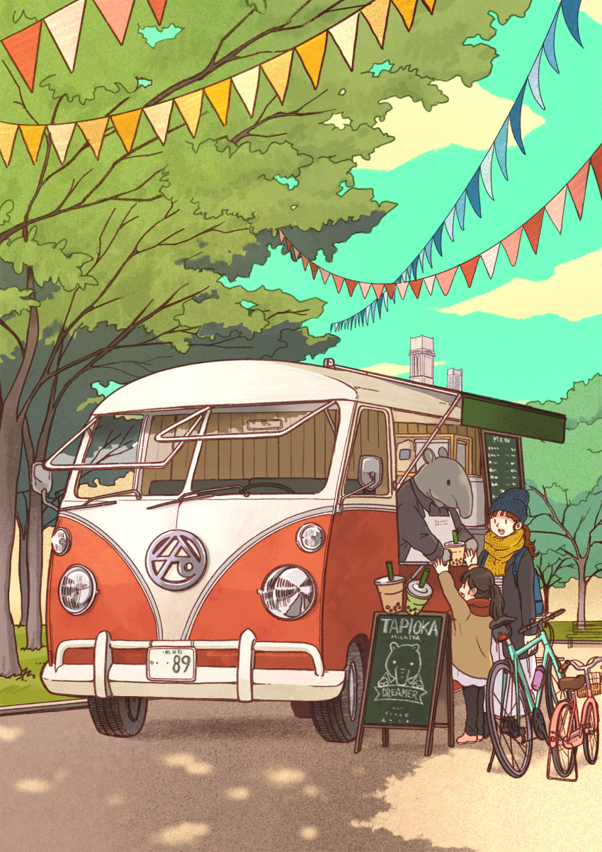 1girl 1other 2girls animal animal_ears anteater apron autumn basket bench bicycle black_hair black_shirt blouse blue_sky bottle brown_hair bubble_tea child cloud cloudy_sky coat collared_shirt commentary_request cup day disposable_cup drink drinking_straw fantasy flyers_(death_parade) food food_truck fujihara giving grass hat highres holding holding_cup holding_drink holding_food license_plate long_hair long_sleeves menu mother_and_daughter multiple_girls open_mouth original outdoors park park_bench ponytail reaching reaching_towards_viewer rear-view_mirror scarf shadow shirt sky slice_of_life tapir tree unused_tire volkswagen water_bottle