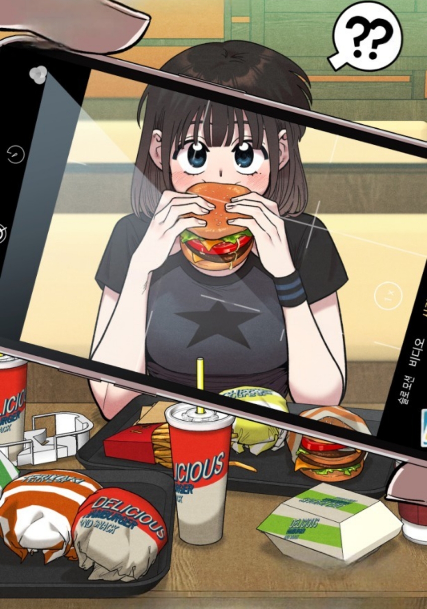 1girl ? ?? black_shirt blue_eyes blush bracelet brown_hair burger cellphone cellphone_photo childhood_friend_complex eating eunhi food french_fries hands_up highres jewelry lee_ha-neul looking_at_viewer official_art phone shirt short_hair sitting soda speech_bubble table tray