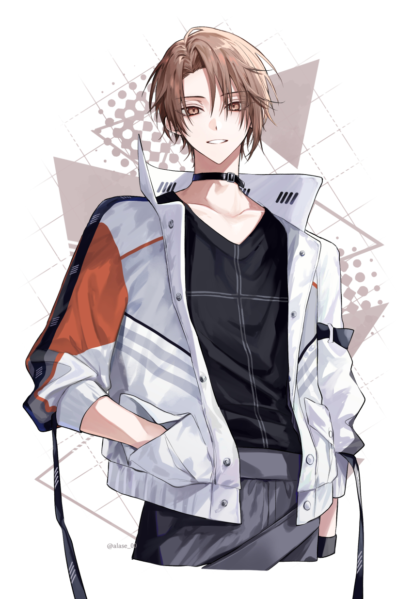 1boy absurdres alase_00 belt_collar black_shirt brown_eyes brown_hair collar cowboy_shot grey_pants hand_in_pocket highres jacket kagami_hayato long_sleeves looking_at_viewer male_focus nijisanji pants shirt simple_background smile solo virtual_youtuber white_background white_jacket