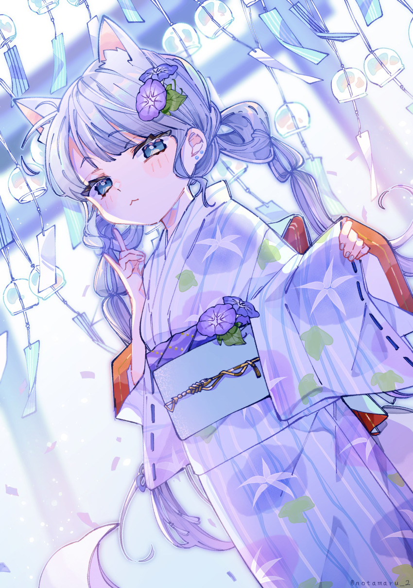 1girl :3 animal_ear_fluff animal_ears blue_eyes blue_hair blue_nails blue_sash blush braid closed_mouth commentary_request cowboy_shot floral_print flower fox_ears fox_girl fox_shadow_puppet hair_flower hair_ornament highres japanese_clothes kimono long_hair long_sleeves looking_at_viewer morning_glory morning_glory_print nail_polish notamaru_2 obi original pinching_sleeves print_kimono ribbon-trimmed_sleeves ribbon_trim sash solo striped_clothes striped_kimono torii twin_braids white_kimono wide_sleeves wind_chime yukata