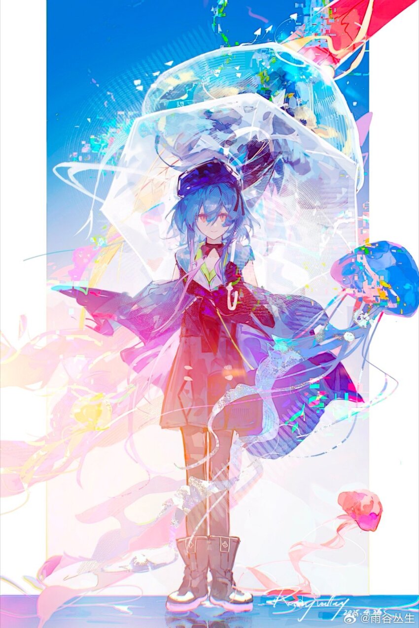 1boy arknights artist_name black_boots black_gloves black_pantyhose black_shorts blue_hair boots buqiyong dated gloves green_eyes hair_between_eyes hat highres holding holding_umbrella jellyfish long_hair looking_at_viewer mizuki_(arknights) pantyhose shorts signature smile solo standing transparent transparent_umbrella umbrella