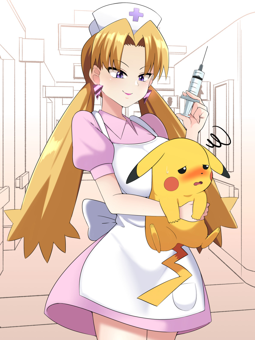 1girl absurdres animal apron cassidy_(pokemon) commission cosplay dress earrings gen_1_pokemon hat highres holding holding_animal holding_syringe indoors jewelry joy_(pokemon) joy_(pokemon)_(cosplay) kurorettsu lipstick makeup nintendo nurse nurse_cap parted_bangs pikachu pink_dress pixiv_commission pocket pokemon pokemon_(anime) pokemon_(classic_anime) pokemon_(creature) purple_eyes short_sleeves sick smile standing syringe twintails