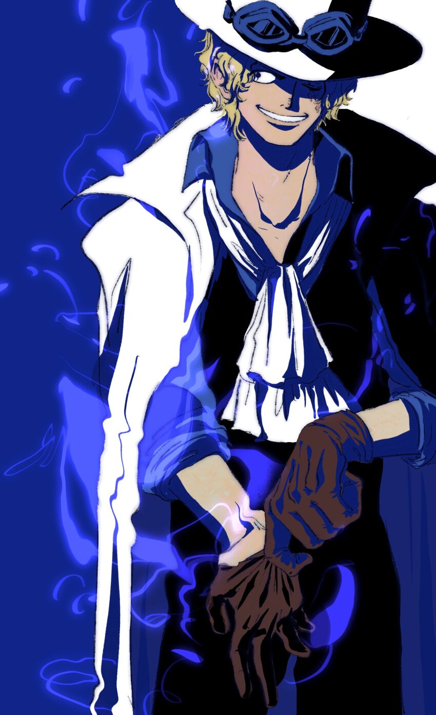 1boy adjusting_clothes ascot blonde_hair blue_background brown_gloves coat collared_coat cowboy_shot fengcheche gloves goggles goggles_on_headwear hat highres looking_to_the_side male_focus one_eye_closed one_piece sabo_(one_piece) short_hair smile smoke solo white_ascot white_background white_coat