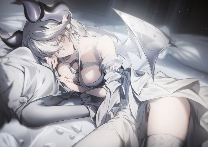 1girl breasts cleavage demon_girl demon_horns demon_wings dress duel_monster genyaky grey_eyes highres horns large_breasts long_hair looking_at_viewer lovely_labrynth_of_the_silver_castle low_wings lying on_side pointy_ears sculpture signature solo white_hair wings yu-gi-oh!
