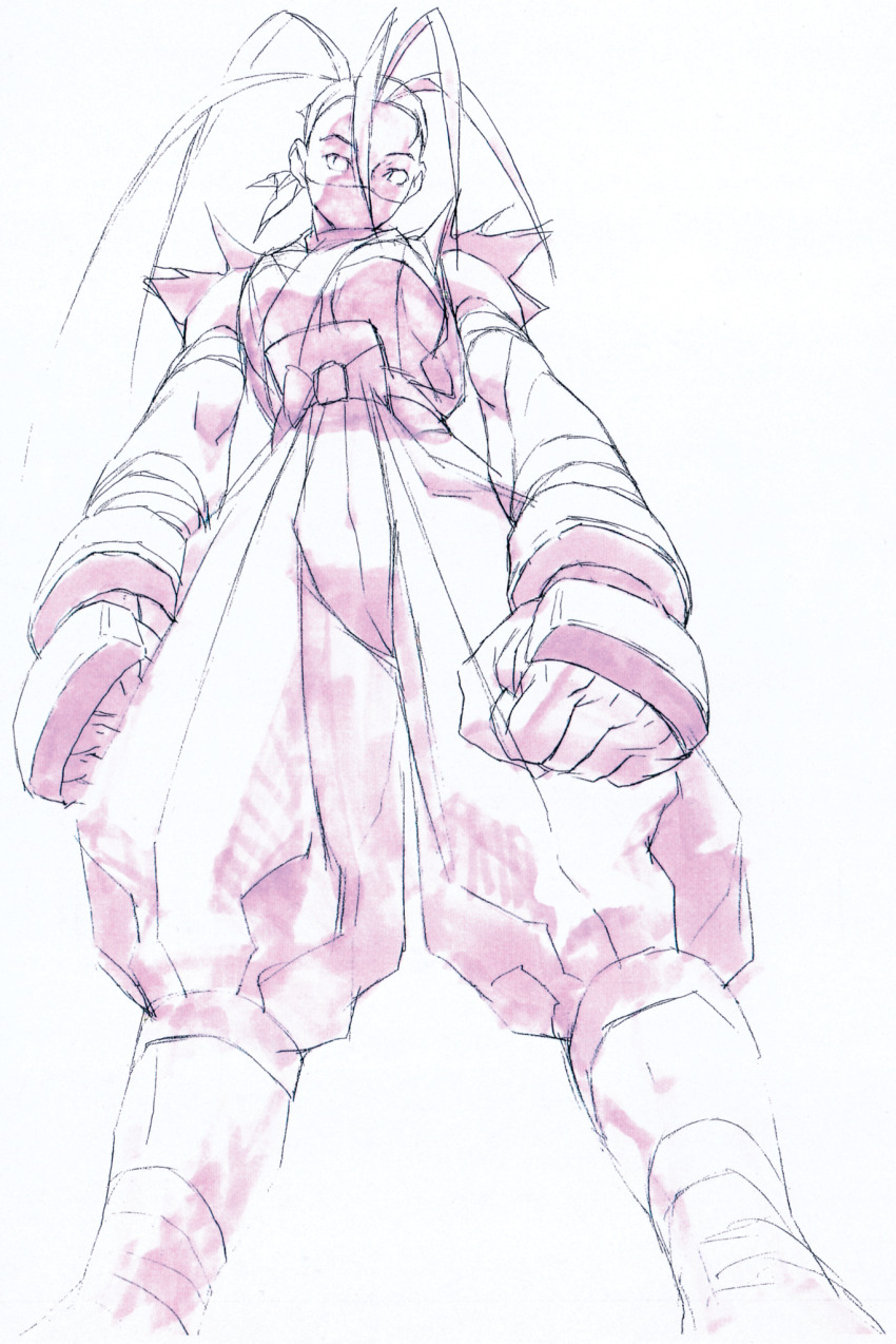 1girl antenna_hair armor bandana black_hair breasts concept_art dougi from_below game_cg gloves hair_pulled_back high_ponytail highres hip_vent ibuki_(street_fighter) japanese_armor kote long_hair looking_down mask mouth_mask ninja ninja_mask nishimura_kinu non-web_source official_art ponytail solo street_fighter street_fighter_iii_(series) wrist_wrap