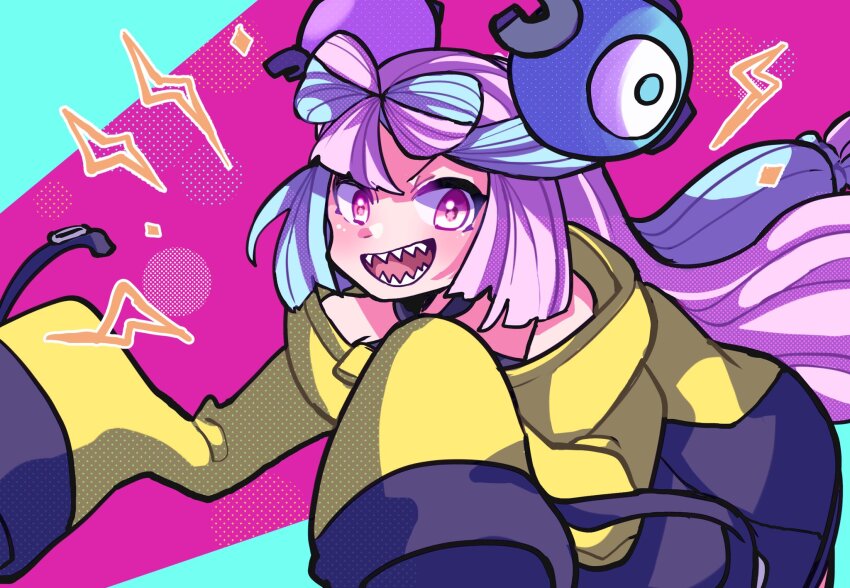 1girl :d bare_shoulders blue_hair bow-shaped_hair character_hair_ornament creatures_(company) game_freak hair_ornament highres iono_(pokemon) jacket long_hair long_sleeves looking_at_viewer low-tied_long_hair multicolored_hair nintendo open_mouth oversized_clothes pink_background pink_eyes pink_hair pokemon pokemon_sv sharp_teeth shiba_dzuke simple_background sleeves_past_fingers sleeves_past_wrists smile solo split-color_hair teeth two-tone_hair upper_body very_long_sleeves x yellow_jacket