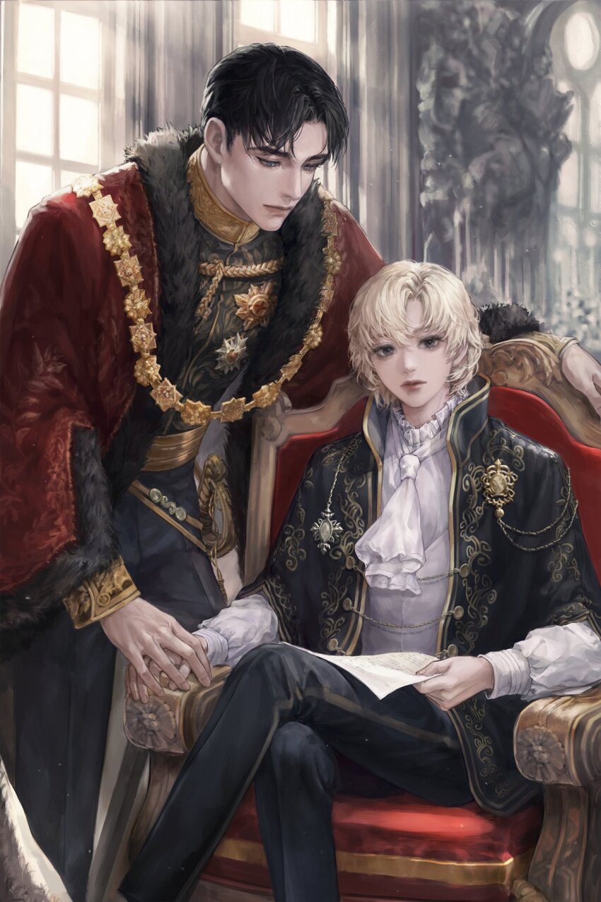2boys aiguillette arched_window aristocratic_clothes ascot bishounen black_hair black_jacket black_pants black_shirt blonde_hair blue_eyes chain cjjcha closed_mouth coat commentary_request cover cover_page crossed_legs curtained_hair dress_pants elbow_rest feet_out_of_frame fingernails frilled_shirt_collar frills fur-trimmed_coat fur_trim gold_chain gold_trim hair_between_eyes hand_rest highres holding holding_hands holding_paper indoors jacket jewelry korean_commentary layered_sleeves light_particles light_rays long_sleeves looking_at_another looking_at_viewer looking_down male_focus medal medallion multiple_boys official_art open_clothes open_coat open_jacket original pants paper puffy_long_sleeves puffy_sleeves red_coat saber_(weapon) sheath sheathed shirt short_hair sitting_on_throne standing sunbeam sunlight sword throne very_short_hair vine_print weapon white_ascot white_shirt window