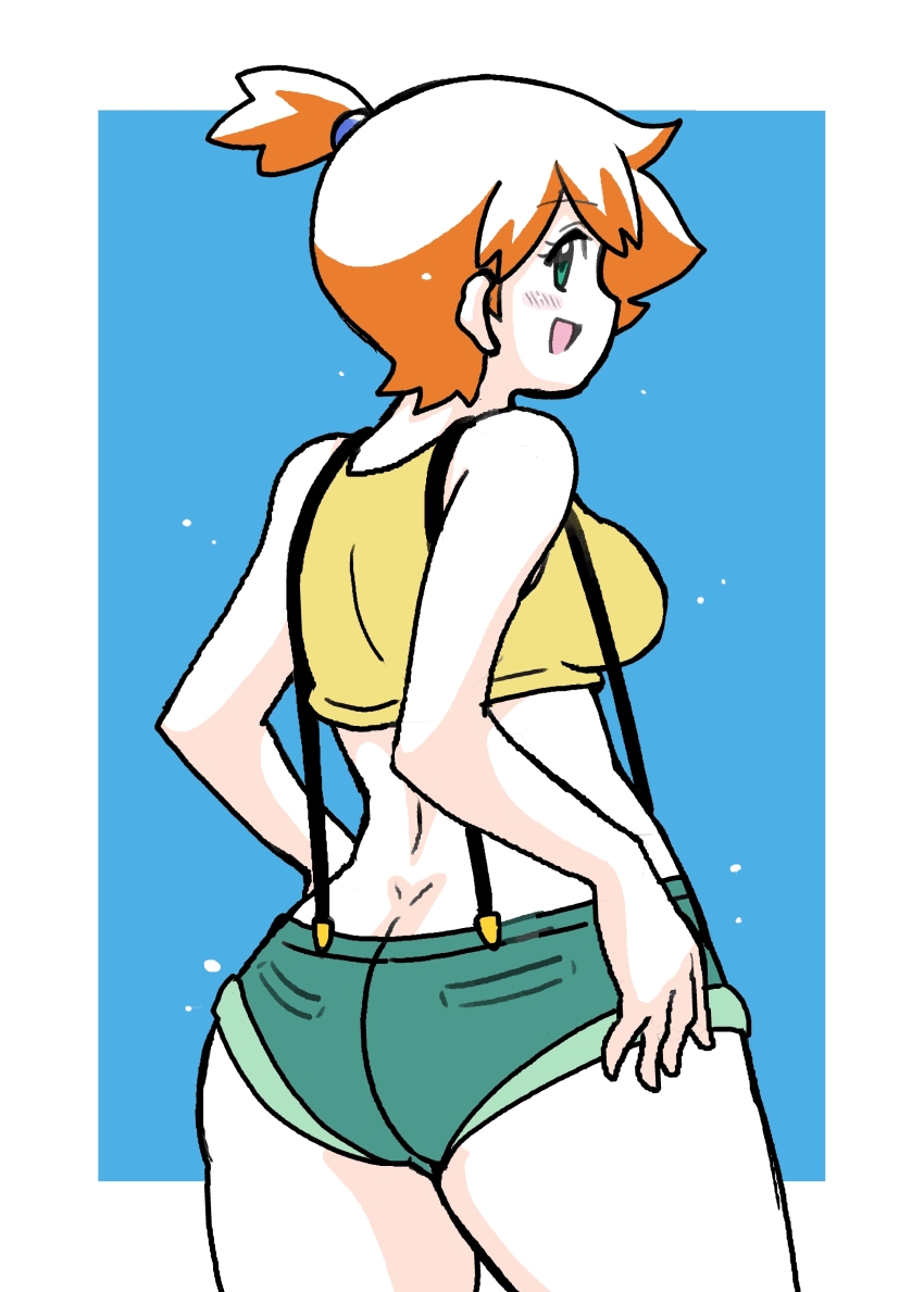 1girl absurdres arm_behind_back ass back bare_arms bare_shoulders blush breasts dated denim denim_shorts female_focus gym_leader hair_tie highres huge_ass koutarosu legs medium_breasts misty_(pokemon) nintendo open_mouth orange_hair pokemon pokemon_(anime) pokemon_(classic_anime) ponytail shirt short shorts simple_background sleeveless solo suspenders tank_top thick_thighs thighs white_background yellow_shirt yellow_tank_top