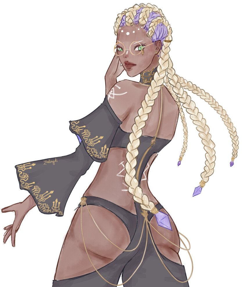 1girl absurdres ass bodypaint braid braided_ponytail collar curvy dark-skinned_female dark_skin dolores_(kof) dress female_focus from_behind glasses gluteal_fold gold green_eyes highres huge_ass jewelry long_hair long_sleeves looking_at_viewer looking_back multicolored_hair panties purple_hair round_eyewear standing the_king_of_fighters thick_lips thick_thighs thighs two-tone_hair underwear white_hair wide_hips zodingdi