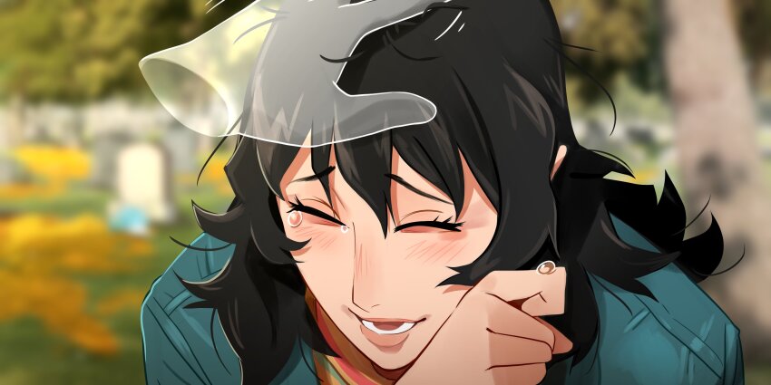 1girl 1other :d ^_^ anya_(mouthwashing) black_hair blue_jumpsuit blurry blurry_background closed_eyes commentary disembodied_hand english_commentary furrowed_brow graveyard hand_on_another&#039;s_head hand_up headpat highres jumpsuit khyle. long_hair mouthwashing open_mouth outdoors portrait smile tearing_up tombstone tree