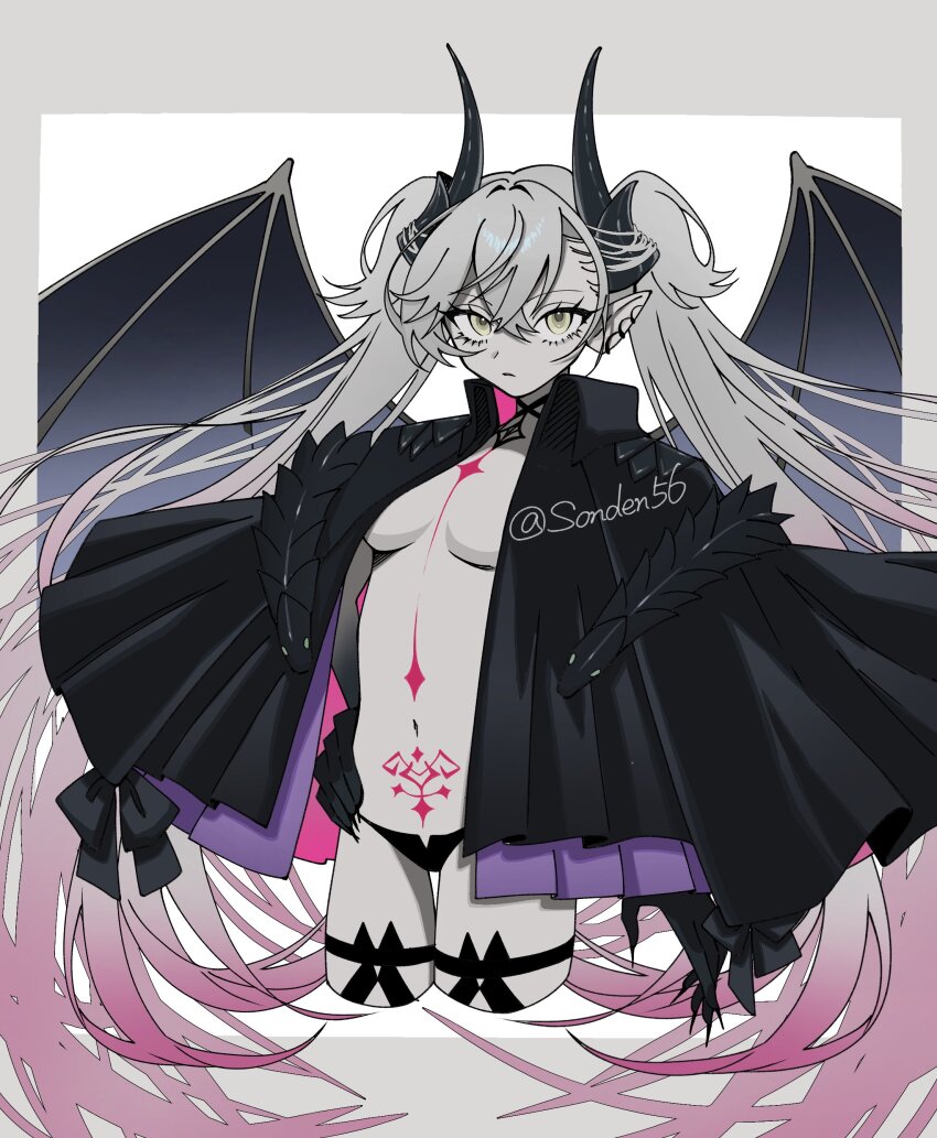 1girl absurdres bikini bikini_bottom_only black_skin body_markings border breasts choker cleavage colored_skin cropped_legs demon_horns demon_wings fate/grand_order fate_(series) fingernails gradient_hair grey_border grey_hair highres horns jacket lilith_(fate) long_fingernails long_hair looking_at_viewer medium_breasts multicolored_hair navel pink_hair pubic_tattoo sharp_fingernails simple_background solo swimsuit tattoo tokumori_ramen twintails white_background wings yellow_eyes