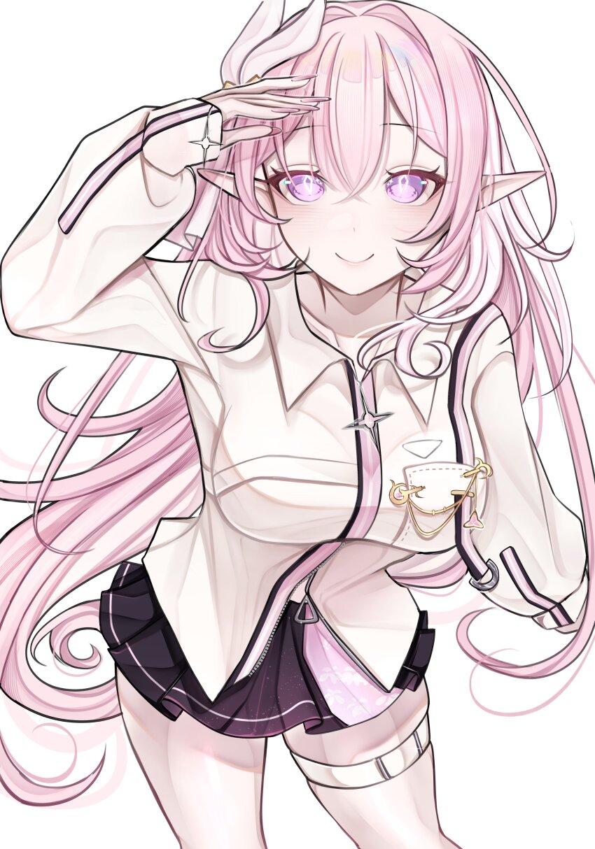 1girl absurdres black_skirt breasts commentary diamond-shaped_pupils diamond_(shape) elf elysia_(herrscher_of_human:_ego)_(honkai_impact) elysia_(honkai_impact) english_commentary hair_ornament highres honkai_(series) honkai_impact_3rd large_breasts long_hair miniskirt official_alternate_costume pink_hair pointy_ears purple_eyes rosheil shirt simple_background single_thighhigh skirt smile solo symbol-shaped_pupils thighhighs thighs very_long_hair white_background white_shirt white_thighhighs