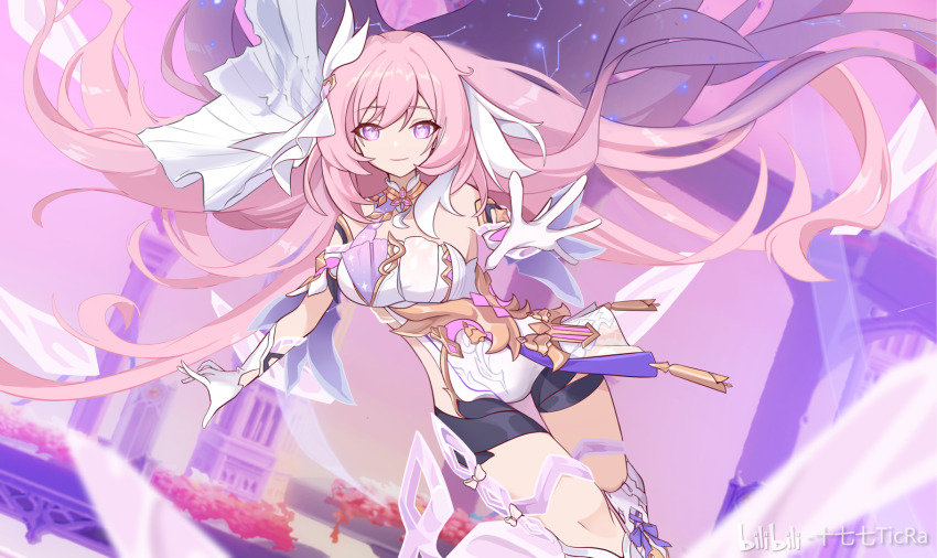 1girl bilibili_username black_shorts breasts chinese_commentary closed_mouth clothing_cutout commentary_request corset elysia_(herrscher_of_human:_ego)_(honkai_impact) elysia_(honkai_impact) gloves hair_between_eyes highres honkai_(series) honkai_impact_3rd large_breasts long_hair looking_at_viewer multicolored_hair pink_hair pink_sky purple_eyes short_shorts shorts side_cutout sky smile solo thigh_strap thighs ticra triquetra two-tone_hair veil very_long_hair white_corset white_gloves white_hair white_veil