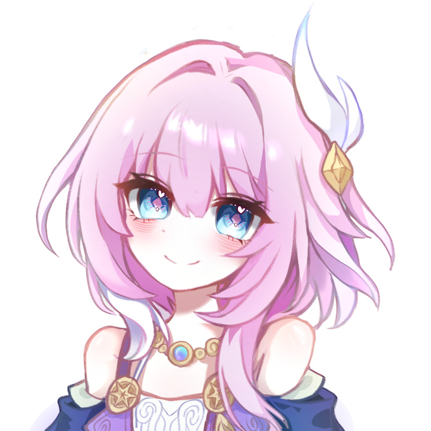 1girl bare_shoulders blue_eyes chinese_commentary commentary_request cyrene_(honkai:_star_rail) dress hair_intakes hair_ribbon honkai:_star_rail honkai_(series) jewelry jiangtang_ginger looking_at_viewer necklace off-shoulder_dress off_shoulder pink_hair pink_pupils ribbon short_hair simple_background smile solo upper_body white_background white_ribbon