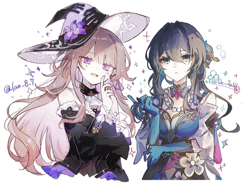 2girls artist_collaboration bare_shoulders bead_necklace beads black_dress black_hair brown_hair de_1aw detached_sleeves dress dress_flower flower gloves green_dress green_eyes green_gloves hat hat_flower herta_(honkai:_star_rail) honkai:_star_rail honkai_(series) jewelry kino-cands long_hair long_sleeves looking_at_viewer multiple_girls necklace off_shoulder parted_lips purple_eyes purple_flower ruan_mei_(honkai:_star_rail) short_sleeves simple_background smile the_herta_(honkai:_star_rail) twitter_username white_background witch_hat