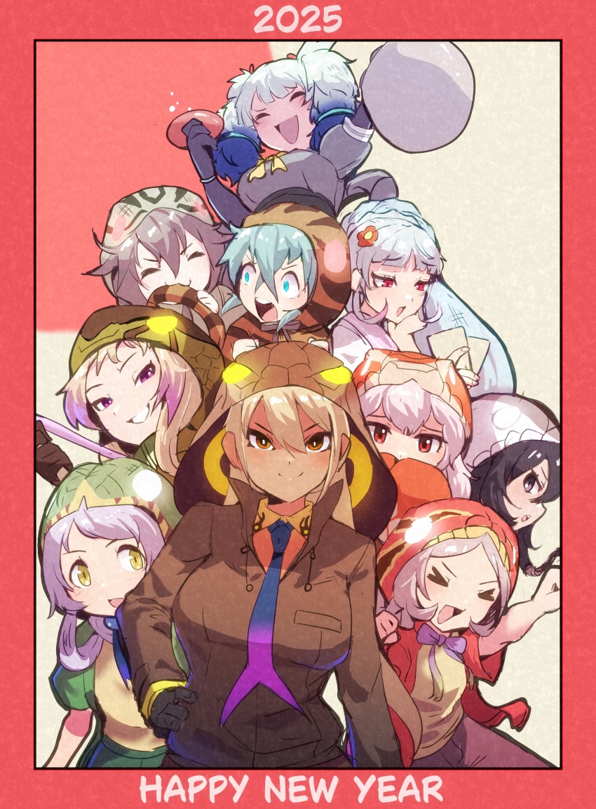 6+girls absurdres african_rock_python_(kemono_friends) alcohol amazon_tree_boa_(kemono_friends) black_eyes black_hair black_mamba_(kemono_friends) blonde_hair bow bowtie brown_hair byakuda_(kemono_friends) emerald_tree_boa_(kemono_friends) gloves green_eyes green_hair grey_hair hair_ornament happy_new_year highres hood hoodie jacket kemono_friends kemono_friends_3 king_cobra_(kemono_friends) long_hair looking_at_viewer multiple_girls necktie new_year okinawa_habu_(kemono_friends) pants pink_hair red_eyes ribbon riri_(dgra3272) shirt simple_background slit_pupils snake_girl taipan_(kemono_friends) tsuchinoko_(kemono_friends) twintails yamata_no_orochi_(kemono_friends) yellow_eyes