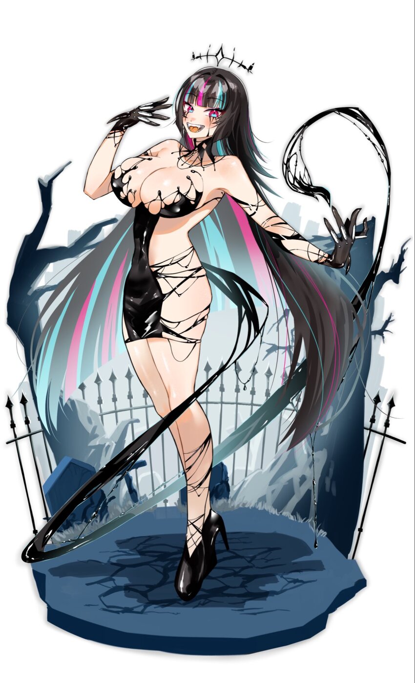 1girl 380 black_collar black_dress black_footwear black_hair black_liquid blue_eyes blue_hair breasts cleavage collar detached_collar dress emma_llama fangs fence floating_headgear full_body headgear high_heels highres indie_virtual_youtuber iron_fence large_breasts liquid_clothes liquid_from_eyes liquid_tail long_hair multicolored_eyes multicolored_hair open_mouth pink_eyes pink_hair simple_background solo standing streaked_hair teeth tombstone transparent_background tree two-tone_eyes virtual_youtuber white_background