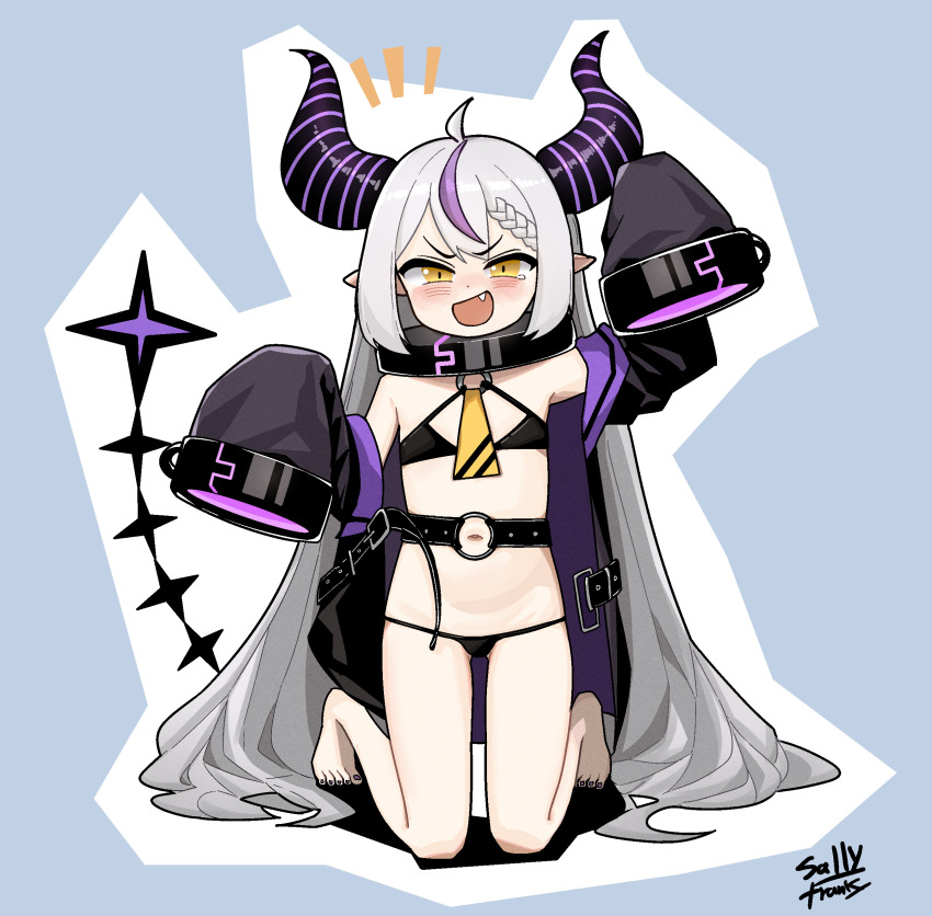 1girl absurdly_long_hair absurdres ahoge artist_name barefoot bikini black_bikini blush braid braided_bangs commentary demon_horns fang feet gluteal_fold grey_hair highres hololive horns jacket kneeling la+_darknesss la+_darknesss_(1st_costume) loli long_hair micro_bikini multicolored_hair nail_polish narrowed_eyes navel necktie o-ring o-ring_bikini o-ring_strap o-ring_top open_clothes open_jacket open_mouth pointy_ears purple_hair purple_jacket purple_nails sally_v_frank signature sleeves_past_fingers sleeves_past_wrists smile streaked_hair swimsuit tearing_up thigh_gap toenail_polish toenails toes v-shaped_eyebrows very_long_hair very_long_sleeves virtual_youtuber yellow_eyes yellow_necktie